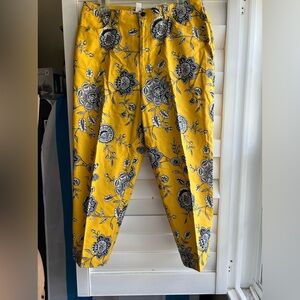TALBOTS Pants Size 14 Cropped Straight Floral Yellow Black English